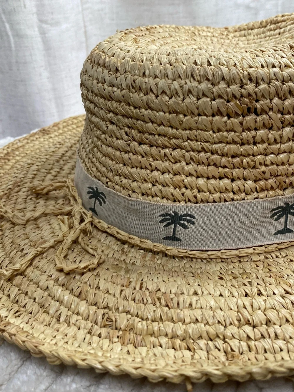 Vintage Panama Jack Straw Hat Wide Brim Palm Tree Ribbon Sun Boater Beach OSFA
